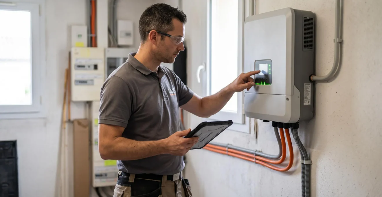 Technicien contrôlant un onduleur solaire installé dans un local technique résidentiel