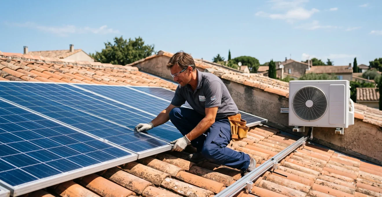 Technicien inspectant des panneaux solaires photovoltaïques sur une toiture résidentielle avec une unité de climatisation visible sur le même bâtiment