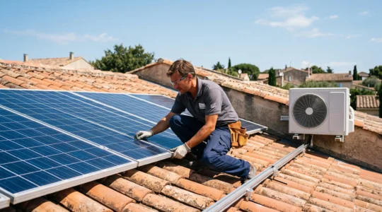 Technicien inspectant des panneaux solaires photovoltaïques sur une toiture résidentielle avec une unité de climatisation visible sur le même bâtiment