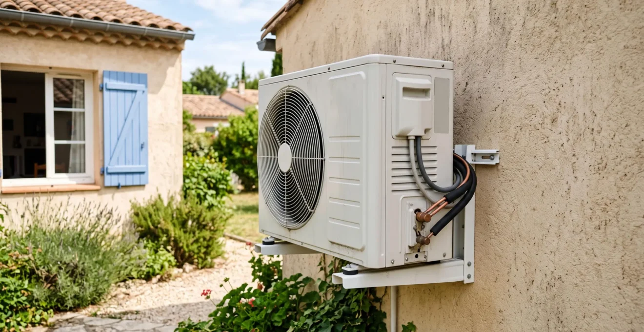 Unité extérieure de climatisation installée sur la façade d'une maison résidentielle