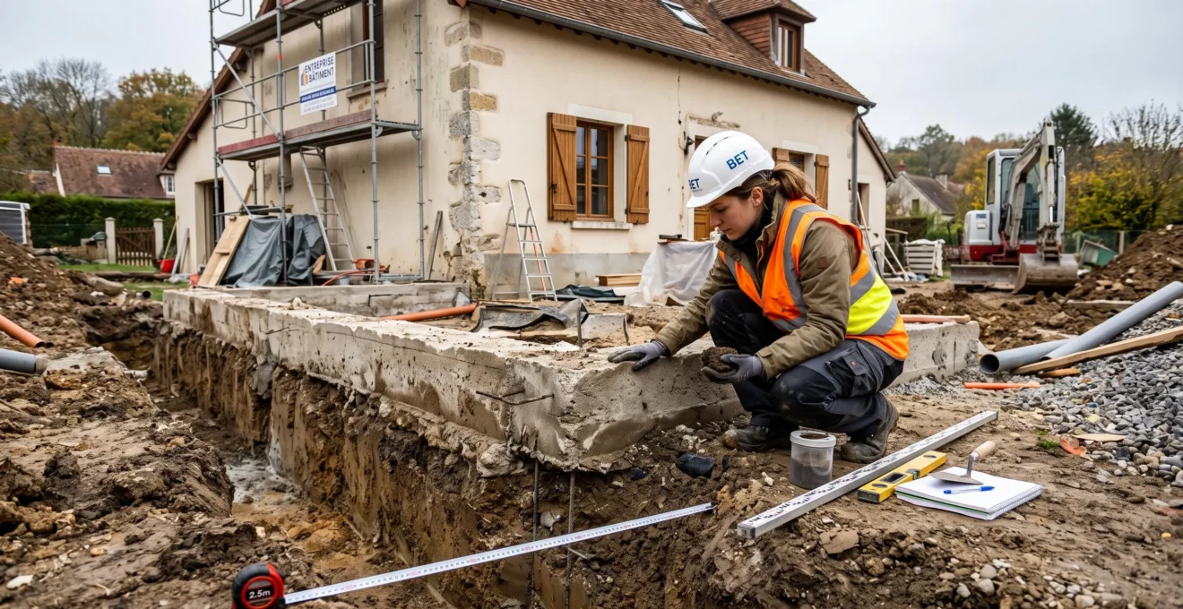 Un ingénieur structure examine des fondations exposées dans une tranchée devant une maison.