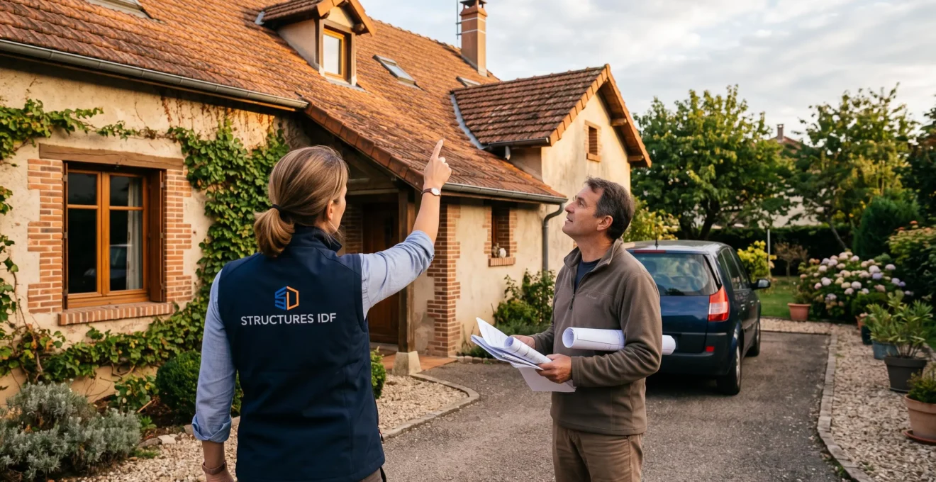 Un ingénieur explique le projet de surélévation à une propriétaire devant sa maison.